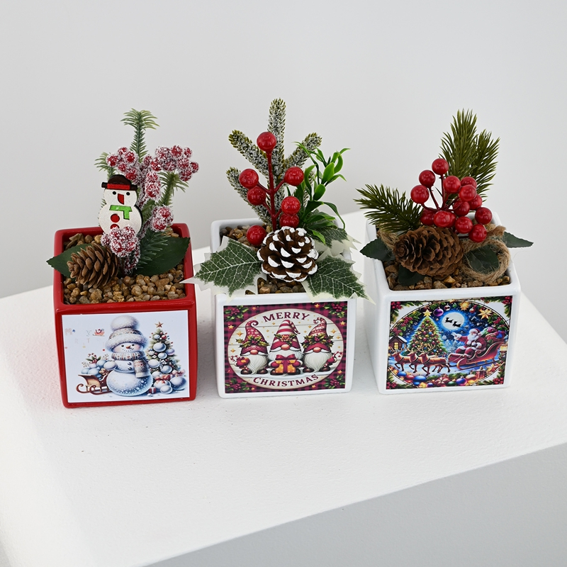 Square Pot Ornament with Classic Christmas Elements Square Pot Ornament with Classic Christmas Elements