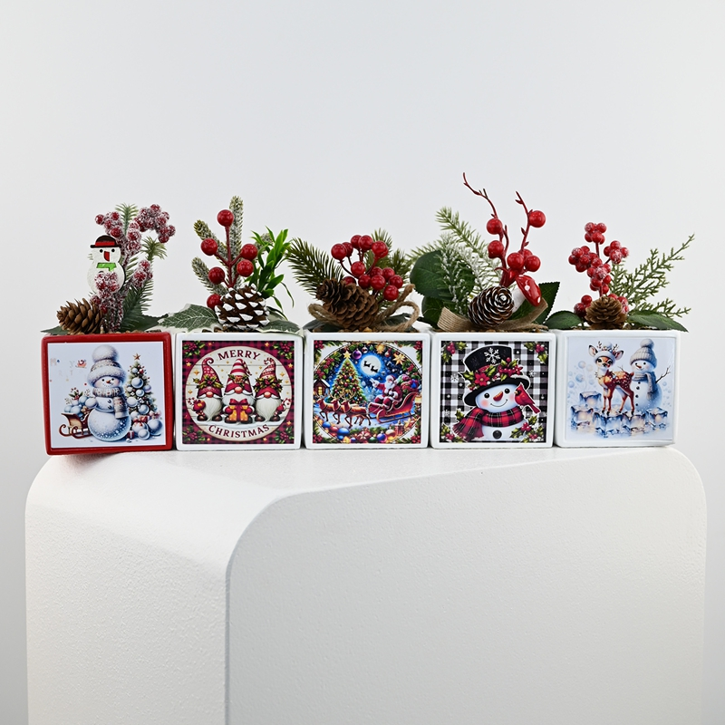 Square Pot Ornament with Classic Christmas Elements